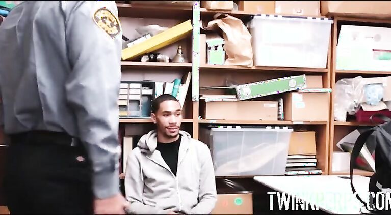 straight black twink caught hiding items he stole in interrogation room gets fucked by gay bear security guard for no cops called