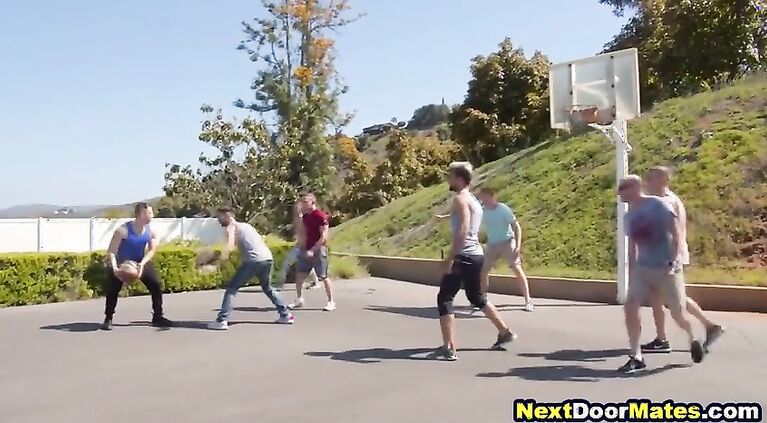 Athletic gay jocks fuck bareback after basketball game