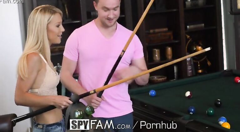 SpyFam Blonde stepmom Laura Bentley fucks stepson on pool table