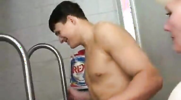 charming russian mother fu king with her son in bathroom