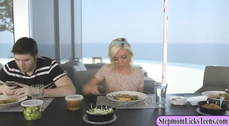 Busty mom and teen licking after dinner