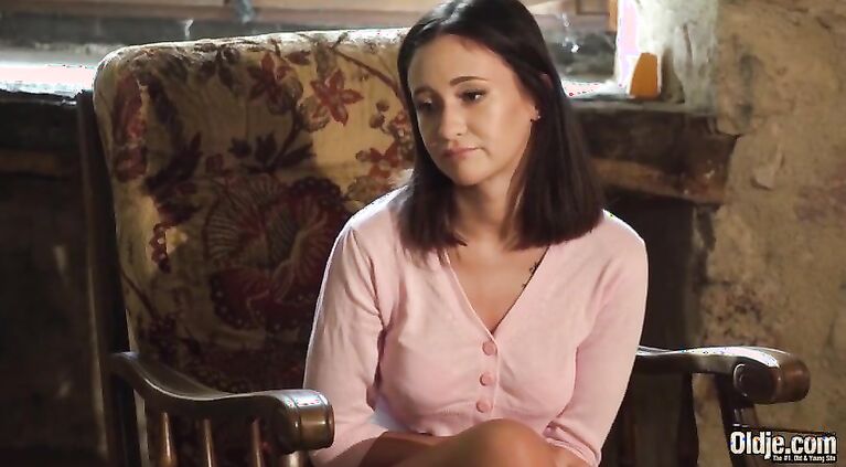 Teen brunette hard sex with horny grandpa on the couch