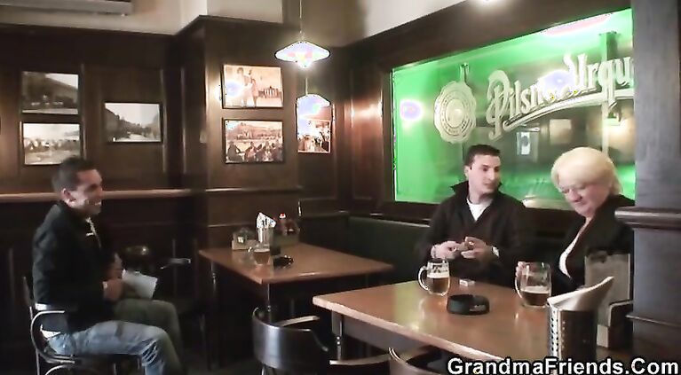 Boozed blonde granny threesome